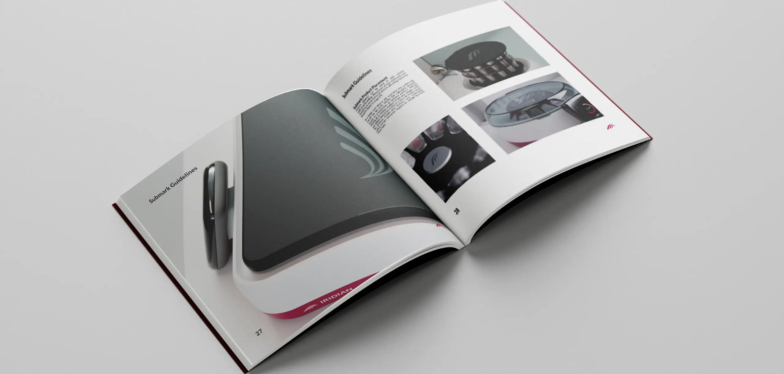 Pages from a visual brand language book showing logo placement on products