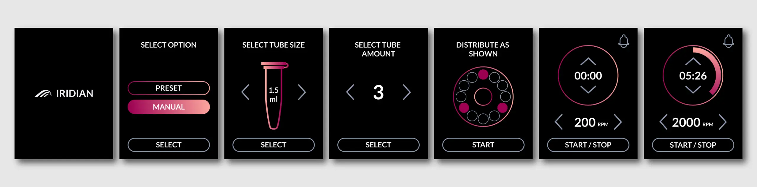 UI Screens for a laboratory vortex mixer design